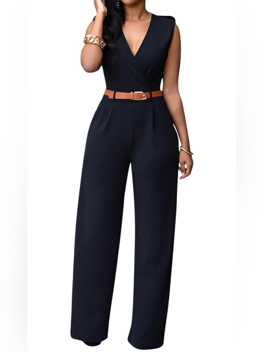 Women's Black Wide-Leg Jumpsuit with Tan Belt